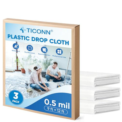 TICONN 12 x 9 Ft Plastic Drop Cloth for Painting, Waterproof Painters Plastic Sheeting, Painting Tarp for Furniture Cover, Floor Protection (3PK, 0.5Mil) - size: 0.5 Mil