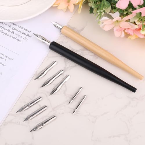 Penitue Comic Dip Pen Set with 2 Wooden Holders & 10 Stainless Steel Replacement Nibs, 5 Styles Manga Dip Pen Ink Nibs for Calligraphy Drawing Writing Sketching Signing - style: Style 1