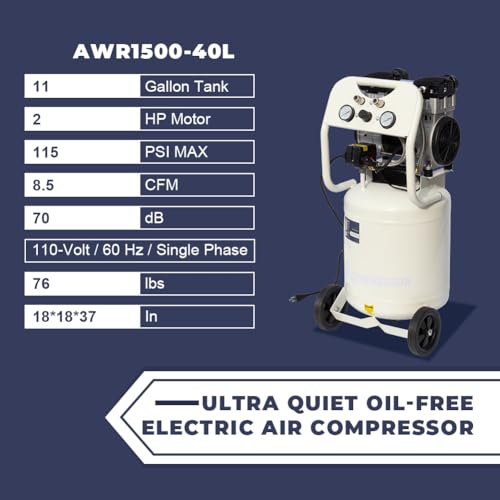 Portable Air Compressor, Ultra Quiet Oil-Free Electric Air Compressor 115 PSI Max with 8.5 CFM, Quick Recovery, 11 Gallon Tank, Ideal for Tire Inflation, Air Tools & Garage Auto Repair - size: 11 gallons