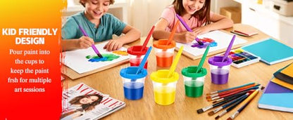 18 Set No-Mess Paint Cups with Lids and Brushes for Kids Paints，6 Colors | No-Spill Proof, Airtight Dual-Seal, Reusable, No-Messes, Art Supplies, for Toddler Painting, Classrooms or Summer Camps