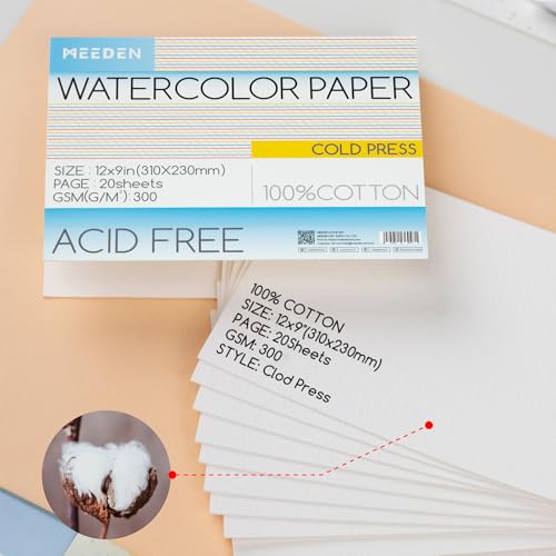 MEEDEN Cotton Watercolor Paper Block: 9" x 12" Cold Pressed of 20 Sheets | 140lb/300gsm 100% Cotton Watercolor Paper Pad, Acid-free Art Paper for Painting, Drawing, Watercolor, Gouache, Ink and More - color: Cold Press, size: 9×12"
