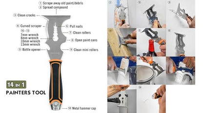ROLLINGDOG 7PC Drywall Tool Set with 14-IN-1 Painter's Tool | 4/5 inch Putty Knife,8/10/14 inch Taping Knife Skimming and Smoothing Walls and Ceilings