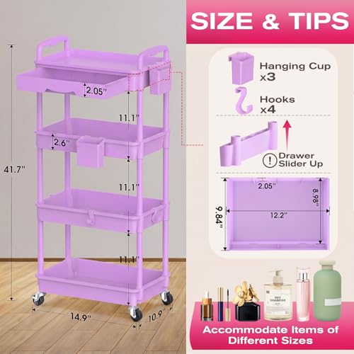 Goovilla Rolling Makeup Organizer Cart with Removable Drawer, 4 Tier Purple | Stable Floor Skincare Storage Cart for Vanity, Cosmetic Display, Nail Polish, Perfume, Hair Stuff, Beauty, Bathroom(Plastic) - color: Purple, size: 4 Tier
