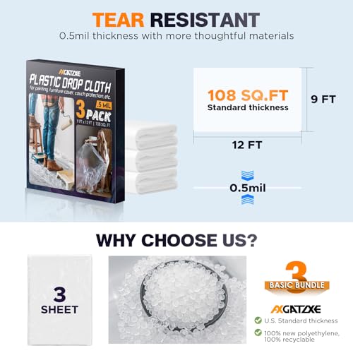 Axgatoxe 12 x 9 Ft Plastic Drop Cloths for Painting (3-Pack) | Plastic Painter's Sheeting & Tarps for Painting Supplies, Waterproof & Dust-proof Furniture/Couch/Floor Protection Cover - size: 3-Pack