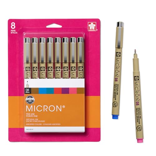 SAKURA Pigma Micron Fineliner Pens, Assorted Colors, 08 Tip, 8 Count | Color Pen Set for Drawing, Illustration, and Journaling, Archival Colored Ink, Waterproof and Fade-Resistant - style: 08 Tip (Pack of 1)