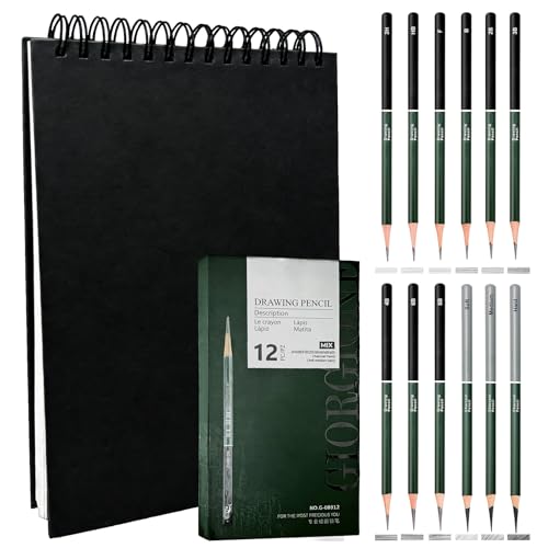Sketchbook and Pencil Set - Spiral Bound Hardcover with 60 Sheets & 12 Charcoal Pencils (Hard/Medium/Soft) for Professional Artists and Beginners - color: Black