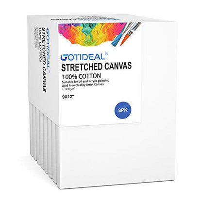 Stretched Canvas, 9x12 Inch Set of 8, Primed White | 100% Cotton Artist Canvas Boards for Painting, Acrylic Pouring, Oil Paint Dry & Wet Art Media - color: White, size: 9"x12"