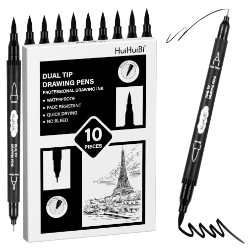Dual Tip Black Drawing Pens,10 Pack Black Markers for Coloring,Dual Brush Pens with Fine Tip Markers for Art Drawing Sketching Calligraphy - color: Black