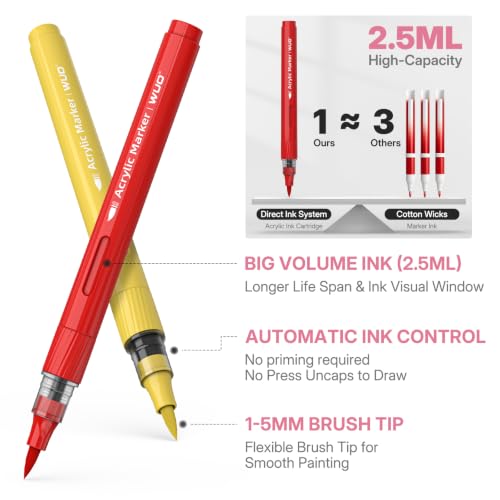 WUO Acrylic Paint Markers Brush Tip 36 Colors, Automatic Ink Control - color: 36 Colors Brush Tip