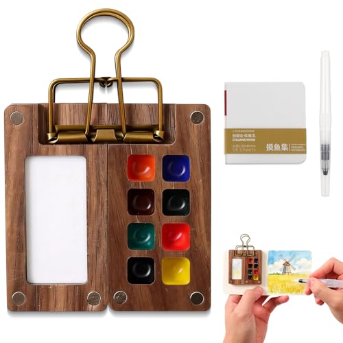 Mini Watercolor Travel Paint Set, 8 Grid Mini Portable Watercolor Palette with A Clip, Wooden Mini Paint Palette with Colours, Book, Binder Clips, Watercolor Pens for Painters Artists Students - color: 8 Grid
