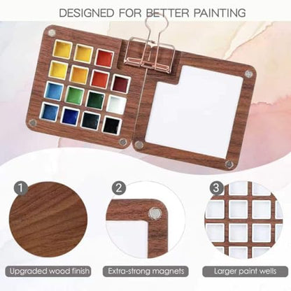 Mini Watercolor Paint Travel Set 15 Grid Palette Wooden Paint Box | Wooden Grid Paint Box with Refillable Water Brush，12 Colors，Wooden Palette，Sketchbook for Kids Painters Students - color: 15 Grid
