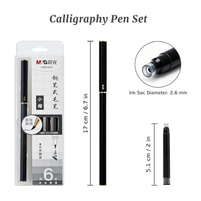M&G Calligraphy Pen Set, 1 Pcs Fountain Pen with 6 Pcs Refillable Black Ink Cartridges, Soft Brush Tip, Portable Calligraphy Brush Pens for Beginner Hand Lettering Writing Drawing Supplies (Black)
