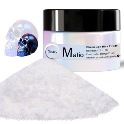 Matio Chameleon Mica Powder, 1.06oz/ 30g Galaxy White Chrome Powder | Pearlescent Effect Color Shift Pigment for Resin Craft, Soap Candle Dye, Nail Art,Bath Bomb, Paint, Slime Pigment - color: W-Galaxy