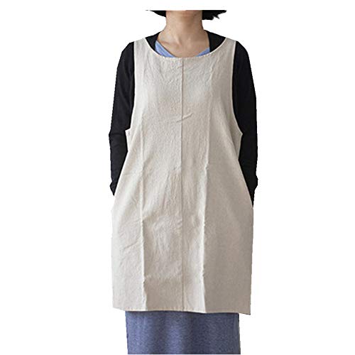 Cotton Linen Japanese Apron Halter Cross Back Bandage X Shape Aprons Two Pockets - color: Beige