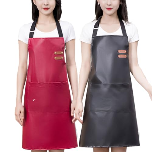 Waterproof Apron Large Pocket PU Material Waterproof Oil-proof Dust-proof Apron Black and Red - color: Red & Black
