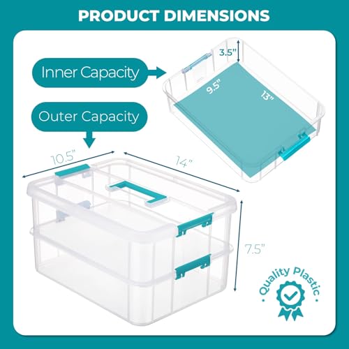 Tribello Craft Box & Art Supply Storage Organizer – Stackable Art Organizer and Craft Storage Box with Handle, 2-Layer Clear Art Supplies Organizer (14 x 10 x 7)