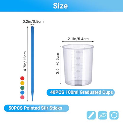 90PCS Epoxy Mixing Cups Kit, 40PCS 100ml Disposable Graduated Cups Transparent Scale Cups with 50 Pack Pointed Stirring Sticks for Paint Mixing, Jewelry Making, Liquid Measuring - color: Clear cups+point stick, size: 100ml