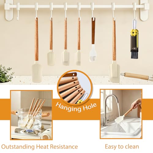 7 Piece Silicone Spatula Set, Food Grade Rubber Spatula Set with Wooden Handle, Heat Resistant Up to 600°F, Silicone Utensils Set for Baking, Cooking & Mixing, Jar, Non-Stick Kitchen Utensils - color: White