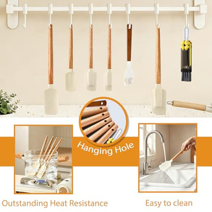 7 Piece Silicone Spatula Set, Food Grade Rubber Spatula Set with Wooden Handle, Heat Resistant Up to 600°F, Silicone Utensils Set for Baking, Cooking & Mixing, Jar, Non-Stick Kitchen Utensils - color: White