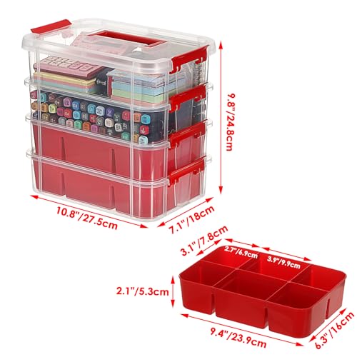 JUXYES 4-Tiers Plastic Stack Carry Storage Containers Box wih Handle Lids - color: Red