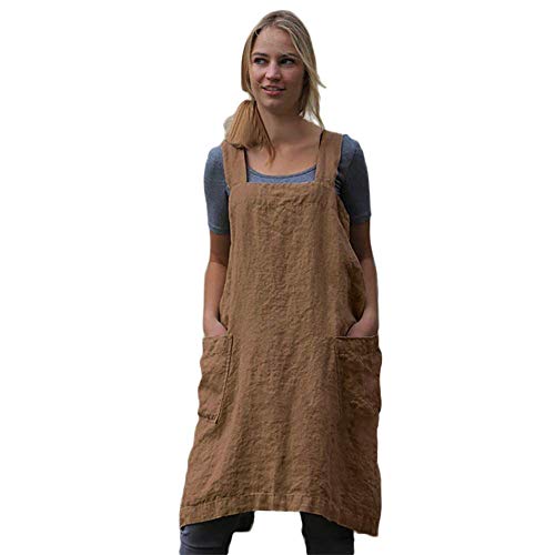 Women's Pinafore Square Apron Baking Cooking Gardening Works Cross Back Cotton/Linen Blend Dress with 2 Pockets - color: Brown, size: Medium