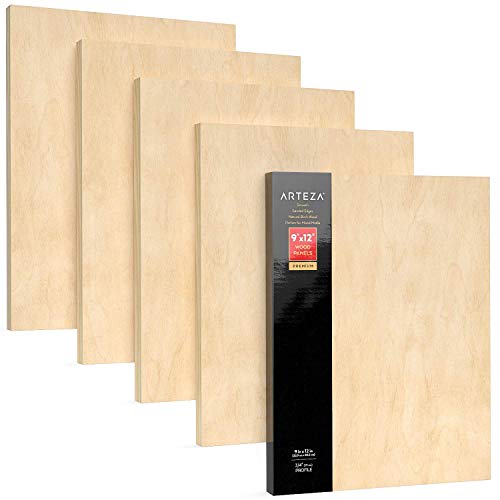 ARTEZA Wooden Canvas Board, 9x12 Inch, Pack of 5 | Unfinished Cradled Birch Wood Panels for Painting, Acrylic Pouring, Encaustic Art & Wood Burning - size: 9x12 Inch