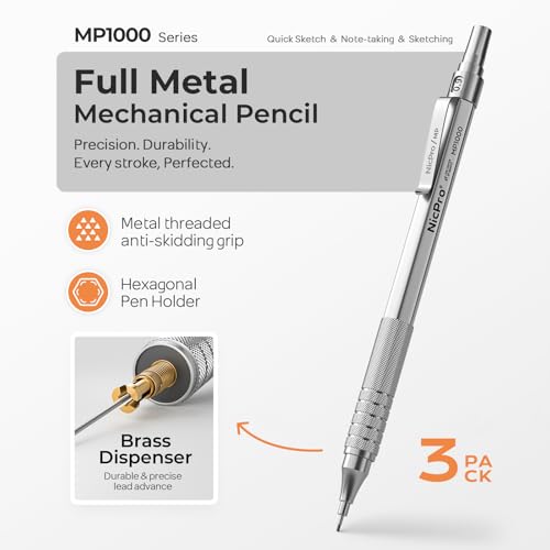 Nicpro 0.9 mm Metal Mechanical Pencil Set with Case | 3PCS MP1000 0.9mm Drafting Pencil, 480PCS HB Lead Refills, 3PCS Eraser&Refills for Artist Writing, Drawing, Sketching, Silver - color: Silver, style: 0.9 MM