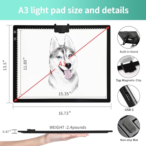 A3 Light Pad - Rechargeable Diamond Painting Light Board with Stand, 3 Colours Stepless Dimmable 6 Levels Brightness Tracing Light Box, Battery Powered Portable Light Pad for Weeding Vinyl Tracing - style: A3 Rechargeable(Black)