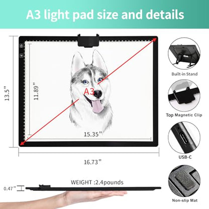 A3 Light Pad - Rechargeable Diamond Painting Light Board with Stand, 3 Colours Stepless Dimmable 6 Levels Brightness Tracing Light Box, Battery Powered Portable Light Pad for Weeding Vinyl Tracing - style: A3 Rechargeable(Black)