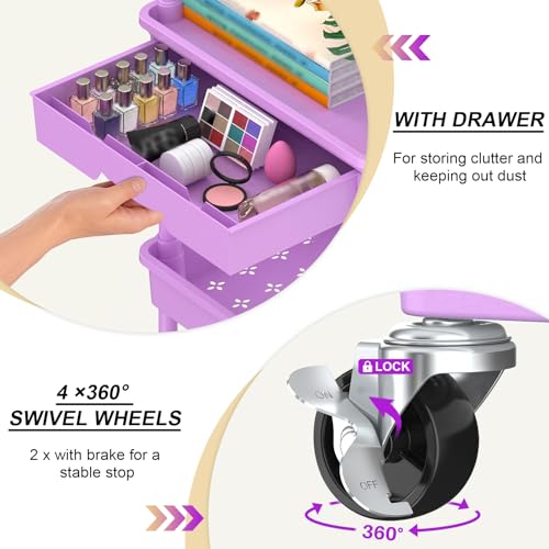 Goovilla 3 Tier Rolling Utility Cart Organizer with Removable Drawer,Purple | Stable and Sturdy Rolling Storage Carts with 2 Lockable Wheels for Bathroom, Kitchen, Snack, Craft, Makeup, Baby Essentials - size: 3 Tier, style: Purple