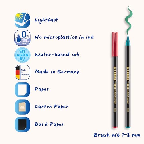 edding 1340 Metallic Brush Pen - Set of 6 pens - Flexible Brush Nib 1-6 mm - Glitter Metallic Marker for Lettering, Drawing and Sketching - high opcaity Even on Darker Paper - color: 27: Set of 6 - Metallic