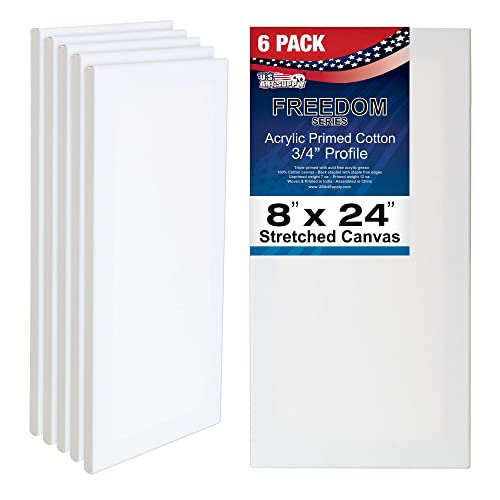 U.S. Art Supply 8 x 24 inch Stretched Canvas for Painting, 12oz Triple Primed, 6-Pack - Professional Artist Quality White Blank 3/4" Profile, 100% Cotton, Heavy-Weight Gesso - Acrylic Pouring, Oil - size: 8" x 24"