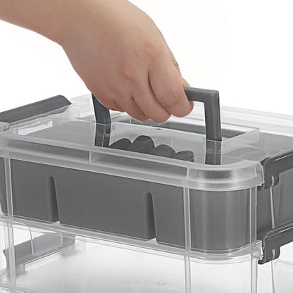 JUXYES 4-Tiers Plastic Stack Carry Storage Containers Box wih Handle Lids - color: Dark Gray