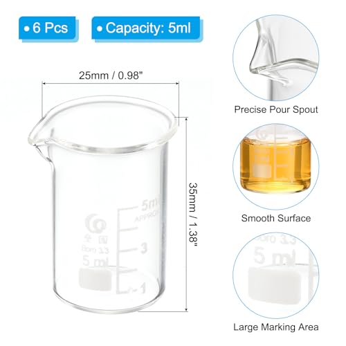 PATIKIL 5ml Low Form Glass Beaker, 6Pcs 3.3 Borosilicate Glass Beakers Graduated Measuring Cup with Spout for Lab Experiment, Cooking and Baking, Clear - size: 5ml
