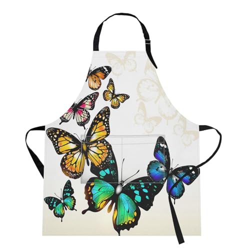 Apron with Pockets, 32x28 inch, for Women Men, Colorful Butterfly | Blossom Watercolor Animal Waterproof Adjustable Bib Aprons for Kitchen Cooking Baking Painting Gardening - color: Butterfly 2