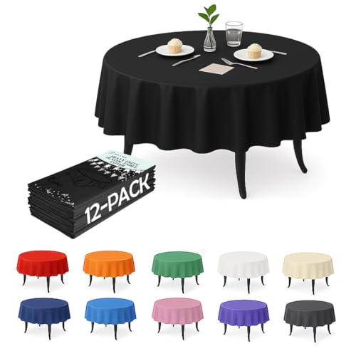 12-Pack Black Plastic Tablecloths – 84 Inch Round Disposable Table Covers, Heavy Duty & Waterproof for Parties, Events, Banquets, Black - color: Black, size: 84" Round