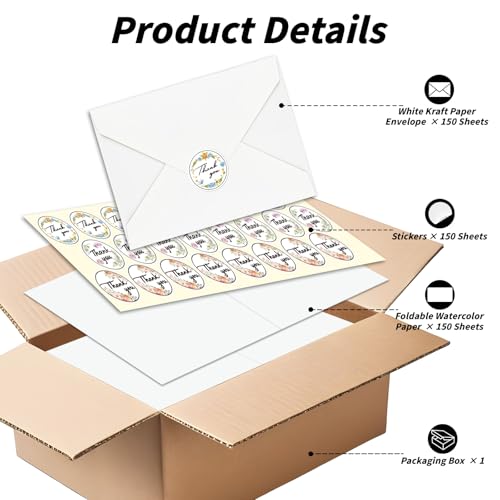 UZLU 150 Sets 4 x 6 Inch Watercolor Cards with Envelopes and Stickers - size: 4*6 in