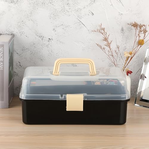 BTSKY 3-Layer Plastic Dividing Storage Box Craft Organizer and Storage | Portable Handled Art Supply Organizer with Adjustable Spacers Multipurpose Home Utility Box for Medicine Sewing(Black+Beige) - color: Black+Beige