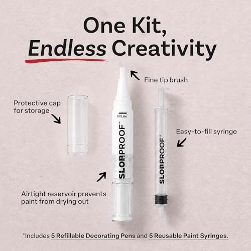 Slobproof Paint It! Decorating Pen, Refillable Paint Pens, Pack of 5 | Mess-Free Arts and Crafts Tool for All Ages - Wider Barrel Holds 2X More Paint - Fill with Chalk, Glitter, Metallic Paints - size: 5 Count (Pack of 1)
