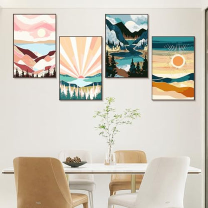 JULOUYN 4 Pack National Park Paint by Numbers Kit for Adults with Framed, Sunset Sunrise Mountain Easy Paint by Number Kits On Canvas with Wooden Easel, Painting by Numbers for Beginner Gift 8x12 in | Easy to piant for beginners elderly, with Easel & Magn