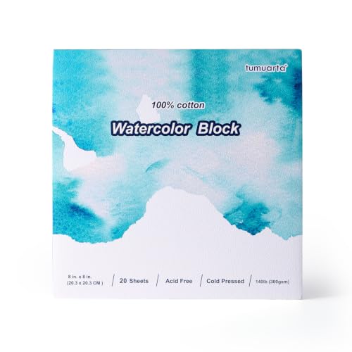 tumuarta Square Watercolor Paper Block, 100% Cotton, 8x8, 140 LB, 300 GSM, 20 Sheets, Cold Press, Acid Free, Mixed Media Sketch Books for Watercolors, Acrylic, Gouache and Dry Media - size: 8"x8" Cold Press