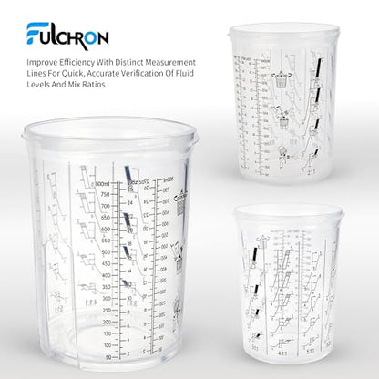 Disposable Paint Cups For Spray Gun, 27oz 125-Micron Mixing Cup With Lids | Fulchron 50PCS Paint Cup Liners with Lids, 2 Hard Cups & Adapters, Ideal for HVLP/LVLP Spray Gun 360° Spray & Less Cleanup - size: 27 ounce