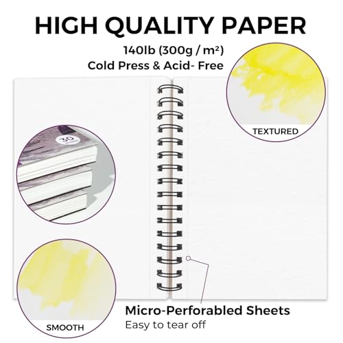 Funto Watercolor Pad 5.5x8.5, 3 Pack, 90 Sheets,140lb/300gsm, Double-Sided, Cold Press, Spiral Bound, Heavyweight Paper for Watercolor Painting - color: 5.5x8.5-Purple-3 Pack