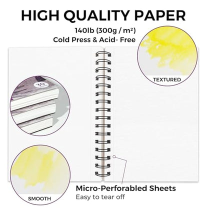 Funto Watercolor Pad 5.5x8.5, 3 Pack, 90 Sheets,140lb/300gsm, Double-Sided, Cold Press, Spiral Bound, Heavyweight Paper for Watercolor Painting - color: 5.5x8.5-Purple-3 Pack