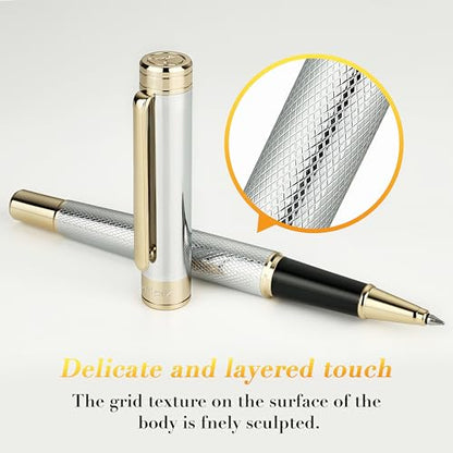 MCNTEIK Silver Chrome Rollerball Pen, Stunning Luxury Pen with Mesh Texture Design、Silver Chrome Finish and 24K Gold Accents, Nice Gift Set for Men & Women, Business, Executive, Office, Fancy Pens - color: Silver Chrome with Gold