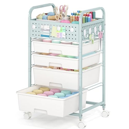 SYKIARIOL Drawer Rolling Storage Cart with Pegboard Top and Hooks, Green, 4-Drawers - color: Green, size: 4-Drawers
