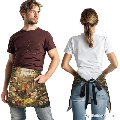 Waist Apron with 3 Pockets Waterproof 13 Inch Short Half Waist Aprons Women Men Server Aprons Waitress Waiter Apron - color: Chickens