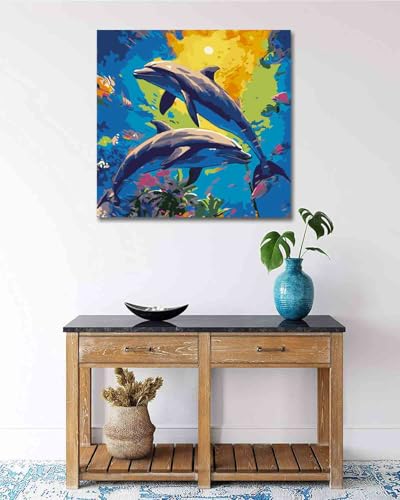 TOCARE Framed Paint by Numbers Kit for Adults & Kids Ages 8-12, 12x12Inch Dolphin Paint by Numbers with Frame, Seascape Paint by Number Framed Canvas for Animal Lovers (Without Easel) - color: TC-F-372