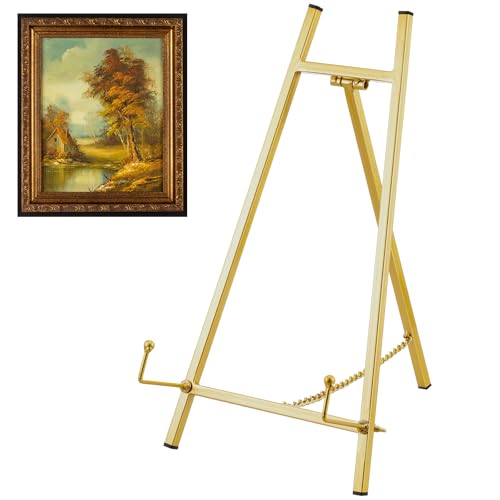 Leinuosen 1 Pcs Metal Tabletop Easel Stand, Tripod Display, Gold | 16.5"H X 8.7"W X 4.3"D Easel for Picture Frame, Supports Mirrors Books Wedding Signs Plates Photos, Foldable Display - color: Gold