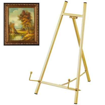 Leinuosen 1 Pcs Metal Tabletop Easel Stand, Tripod Display, Gold | 16.5"H X 8.7"W X 4.3"D Easel for Picture Frame, Supports Mirrors Books Wedding Signs Plates Photos, Foldable Display - color: Gold